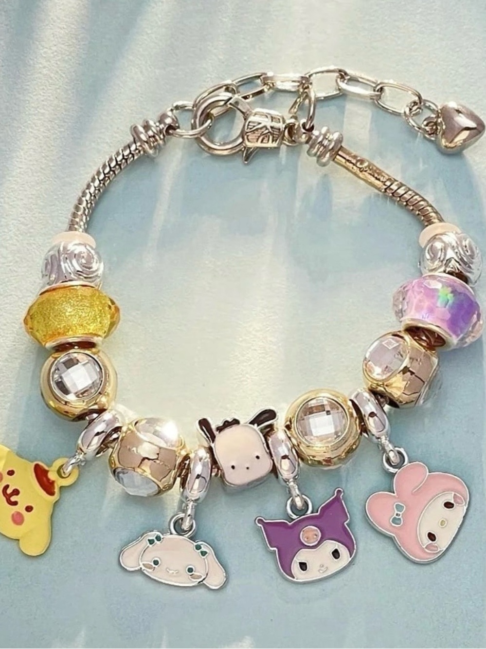 Kids Sanrio Silver Charm Bracelet with Pink, Purple & Yellow Enamel Characters